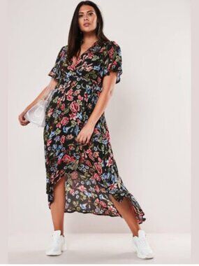 Missguided+ Black Floral Wrap Dress - Size 20